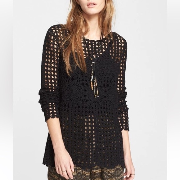 Free People Sweaters - FREE PEOPLE Black Cotton Open Back Crochet Sweater XS